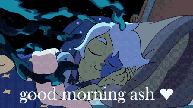 a cartoon of a person sleeping with the words " good morning ash " below it