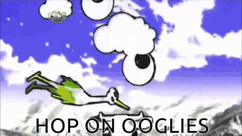 a cartoon of a stork flying through the air with the words hop on ooglies