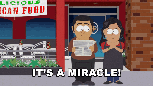 a cartoon of a man reading a newspaper next to a woman with the words it 's a miracle