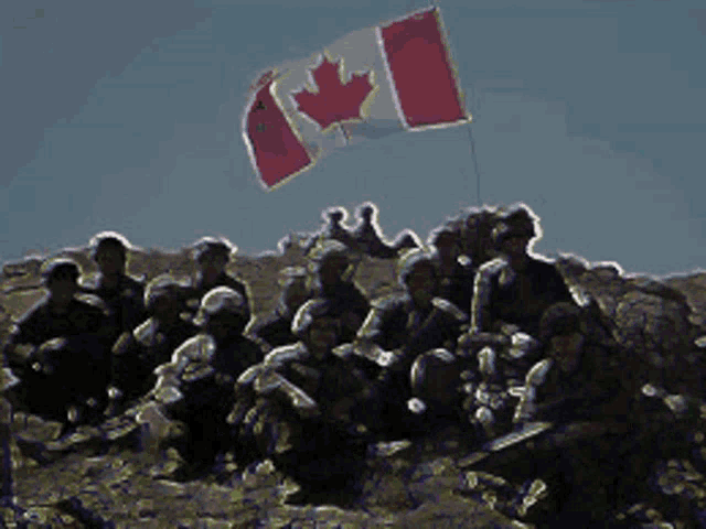 a painting of a group of soldiers with a canadian flag flying in the background