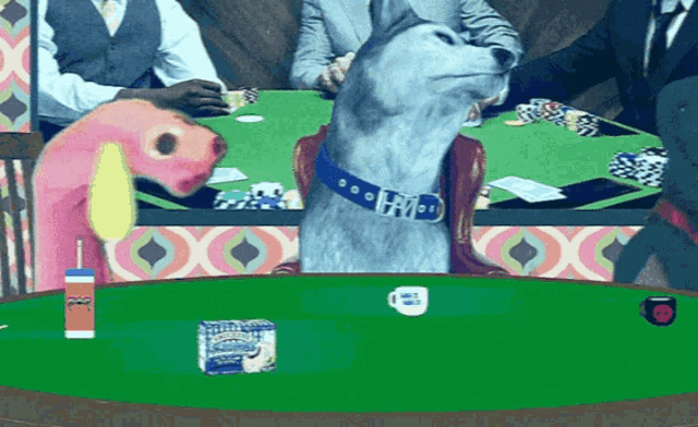 a dog with a collar that says ' rm ' on it playing poker
