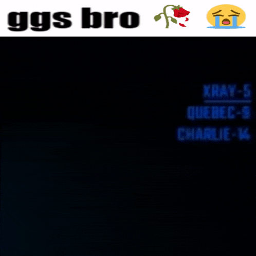 a black background with ggs bro xray-5 quebec-9 charlie-14 and a crying face
