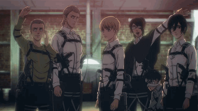 a group of anime characters are standing in a line with their arms in the air