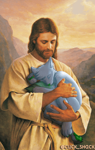 a painting of jesus holding a cat with the caption cuck_shack on the bottom