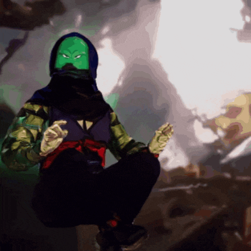 a painting of a person with a green mask on