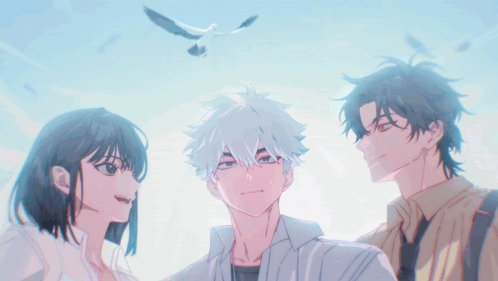 two anime characters are standing next to each other with one making a funny face
