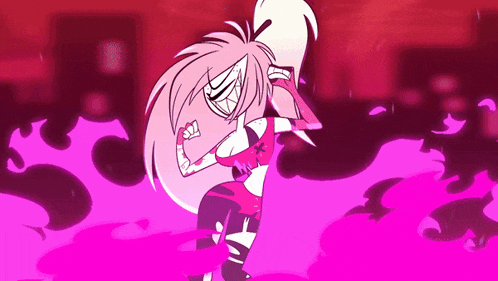 a cartoon character with long pink hair is standing in front of a pink fire .