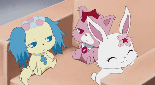 three cartoon characters are sitting on a couch including a dog and a cat