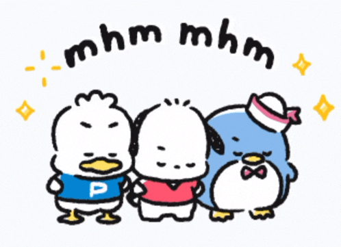 a group of cartoon characters are standing next to each other with the words mhm mhm written above them