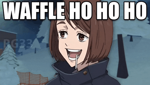 a girl with a lollipop in her mouth and the words waffle ho ho ho above her