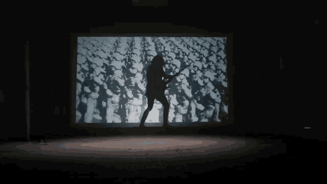 a silhouette of a woman playing a violin in front of a painting