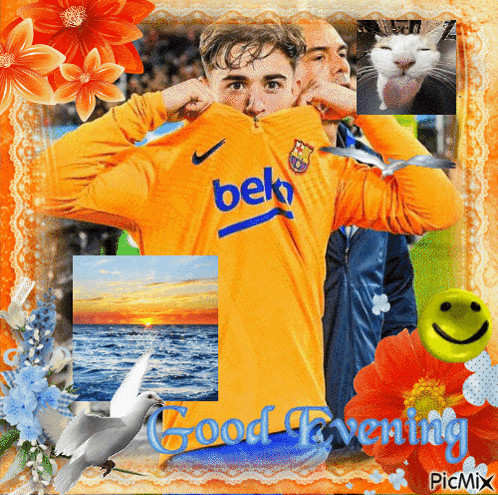a man wearing a yellow beko shirt is surrounded by flowers and a cat
