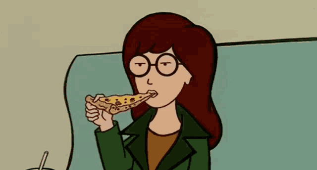 a cartoon of a girl with glasses eating a slice of pizza