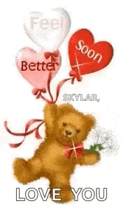 a teddy bear is holding a bouquet of flowers and balloons that say `` feel better soon '' .