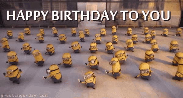 a bunch of minions are dancing with the words happy birthday to you behind them