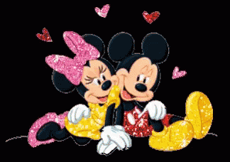 mickey mouse and minnie mouse sitting next to each other with hearts around them