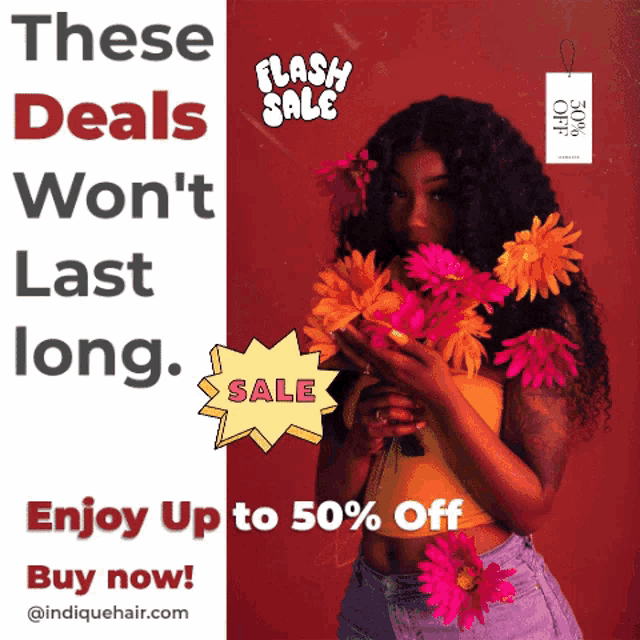 a woman is holding flowers in front of a red background with the words these deals won t last long