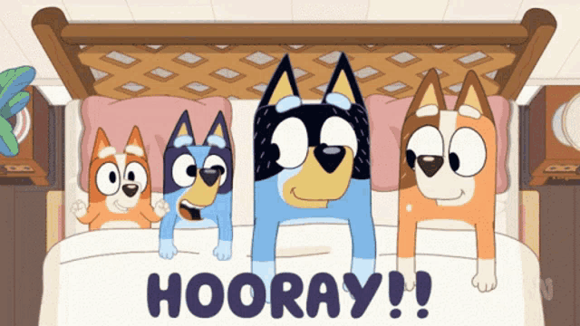 a cartoon of three dogs standing on a bed with the words hooray written below them