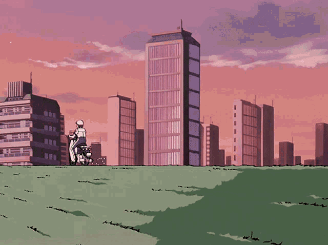 a cartoon of a man riding a motorcycle in front of a city