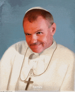 a painting of a man wearing a white robe and a gold chain with a cross around his neck is titled remini