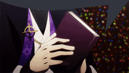 a person holding a purple book with a cross on their neck