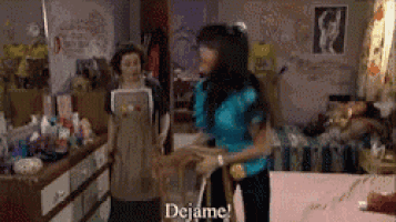 two women standing next to each other in a room with the words dejame written on the bottom