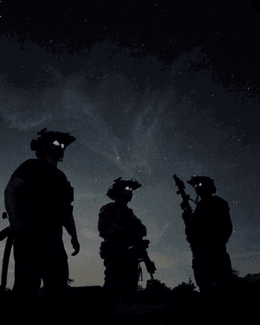three soldiers are silhouetted against a night sky with stars