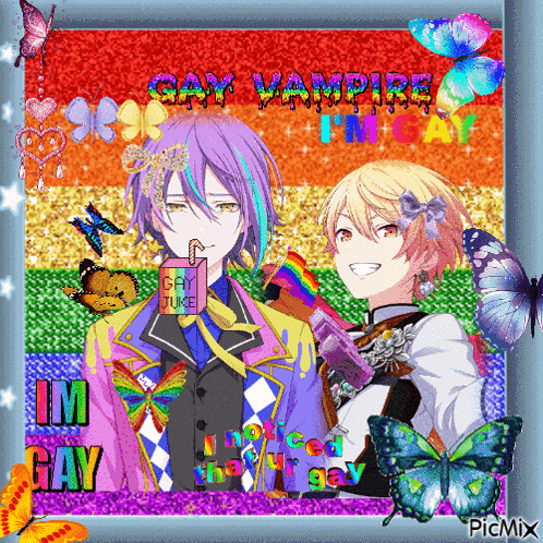 a picture of two anime characters with the words gay vampire written on it
