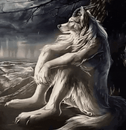 a painting of a white wolf sitting under a tree .