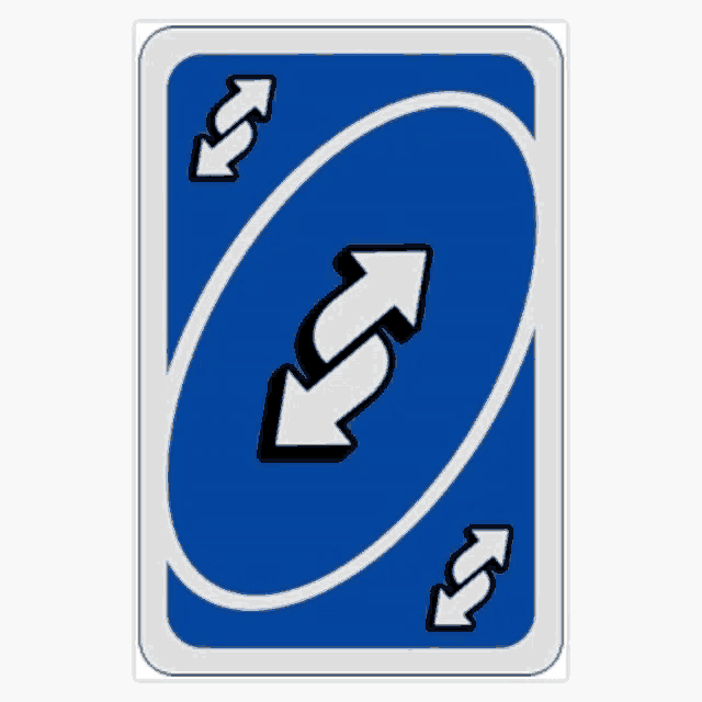 a blue uno card with two white arrows pointing in opposite directions on it