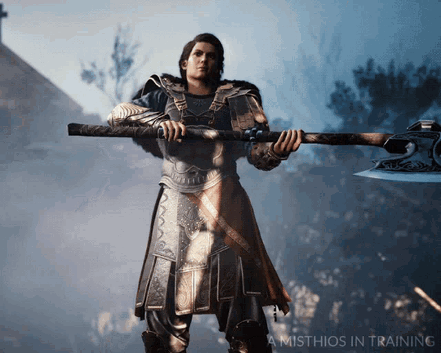 a misthios in training poster with a man holding a large sword