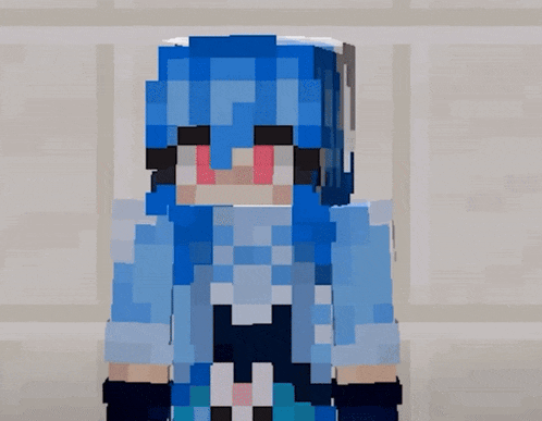 a pixel art drawing of a person with blue hair and red eyes