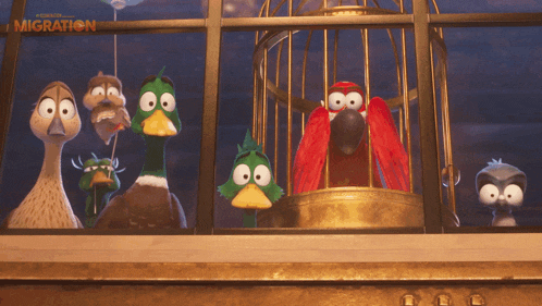 a group of cartoon birds looking out of a window with the word migration on the bottom right