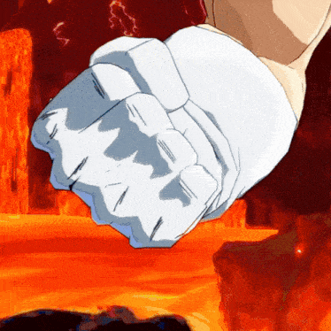 a fist is being thrown in a video game with lava in the background