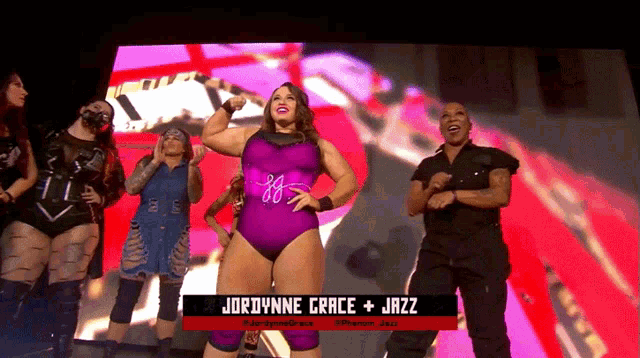 a woman in a purple leotard with the name jordynne grace + jazz on the bottom