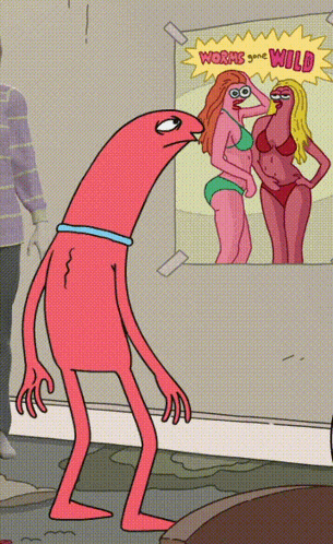 a cartoon of a worm looking at a poster that says worms are wild