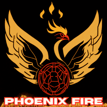 a logo for phoenix fire shows a phoenix and a fireball