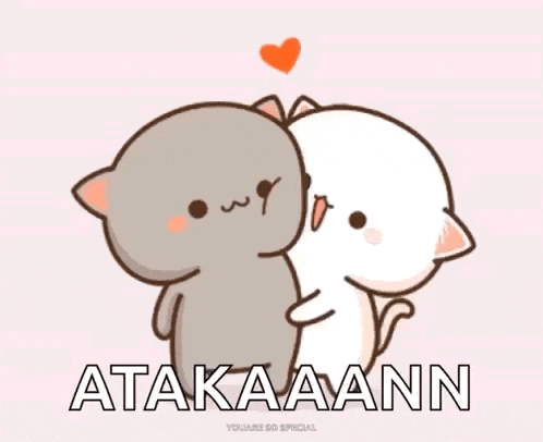 a couple of cartoon cats hugging each other with a heart above them .