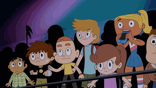 a group of cartoon characters are standing in a dark room and one girl is holding a cell phone
