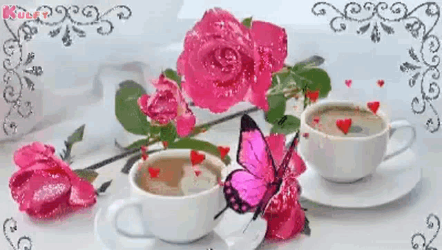 two cups of coffee , roses , and a butterfly on a saucer .