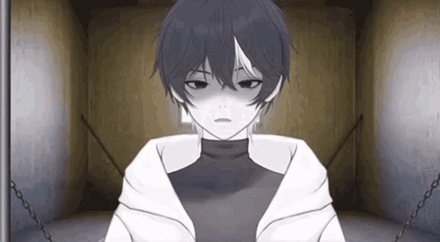 a black and white anime character is sitting in a room with chains around him .