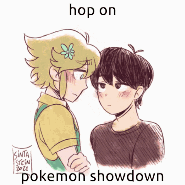 a drawing of a boy with a flower in his hair and the words hop on pokemon showdown on the bottom