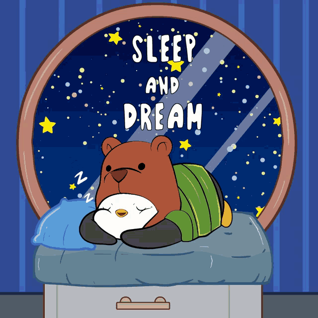a cartoon bear laying on a bed with the words sleep and dream written above it