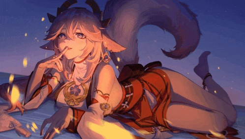 a girl with horns and a long tail is laying down