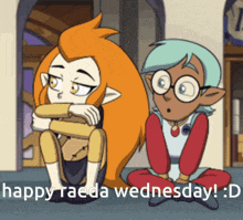 two cartoon characters sitting next to each other with the words happy raeda wednesday