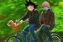 two people are riding a tandem bike with a basket of food