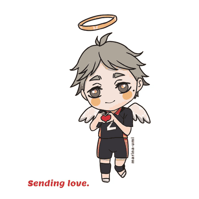 a cartoon of a boy with angel wings and the words sending love