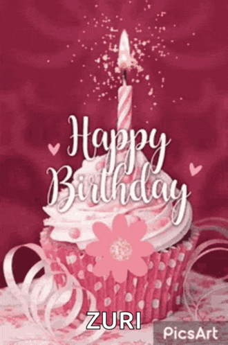 a pink cupcake with a candle and the words `` happy birthday '' written on it