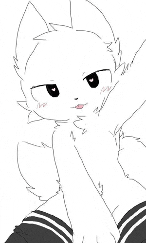 a black and white drawing of a white cat with black socks on .