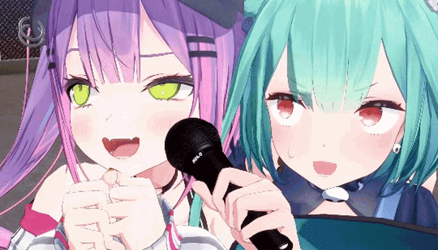 two anime girls are singing into a microphone and one of them has a green hair